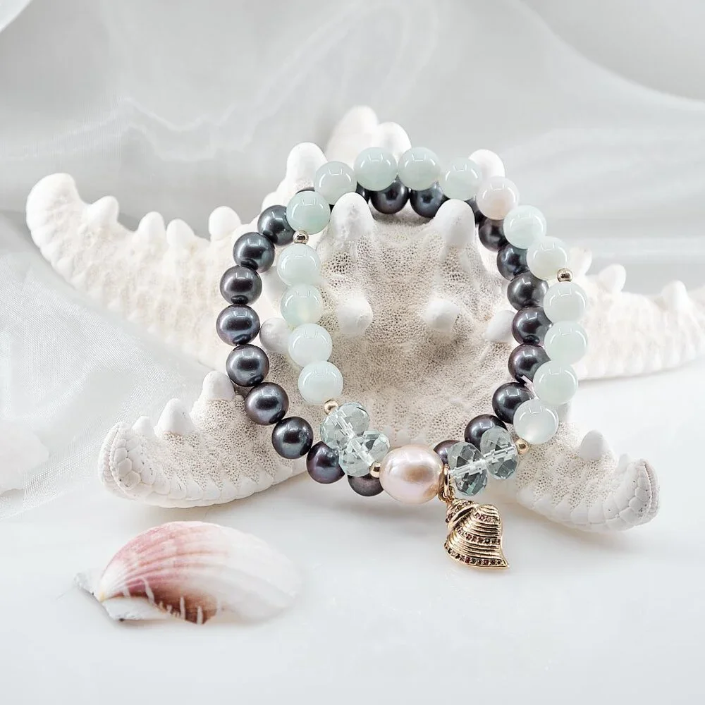 Charm Bracelet Set of 2, Black Peacock Pearls & Agate Edison Pearl w/Shell Charm